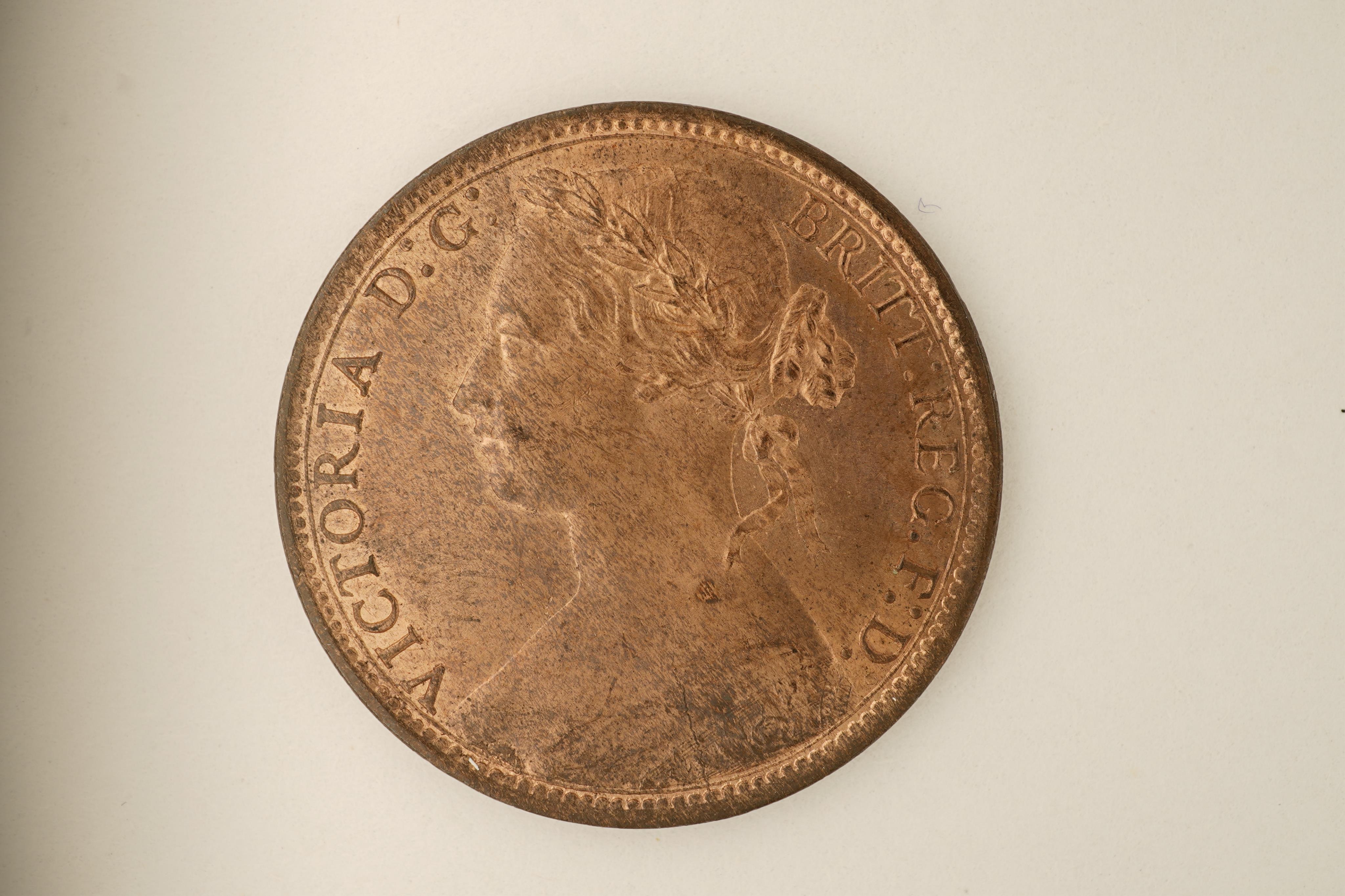 British coins, Victoria, two bronze pennies;, 1874, older head, small date, Fr. 72, Gouby dies K/j, about UNC, much lustre., 1875, Fr. 82, Gouby dies L/k, about UNC, much lustre.